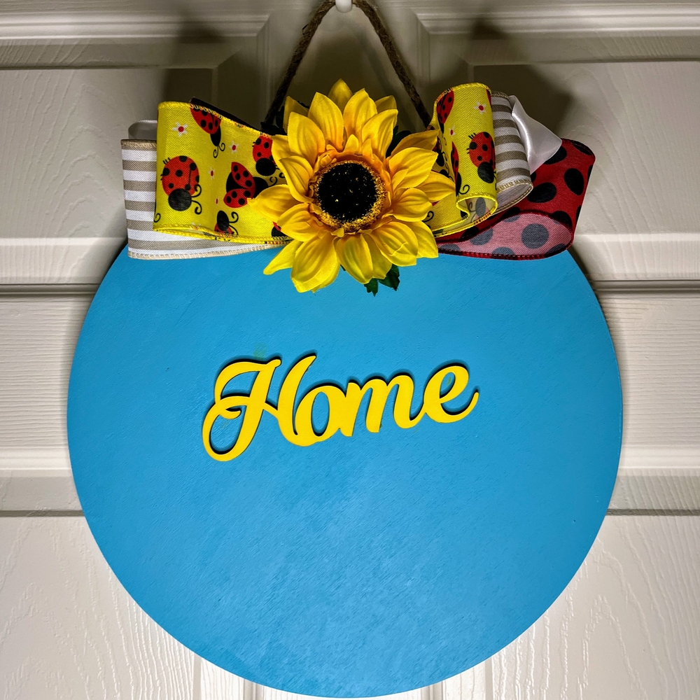 Blue Home Sign with Sunflower and Ladybug Bow